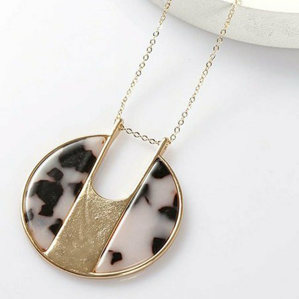 Gray & Goldtone Marble Round Pendant Necklace